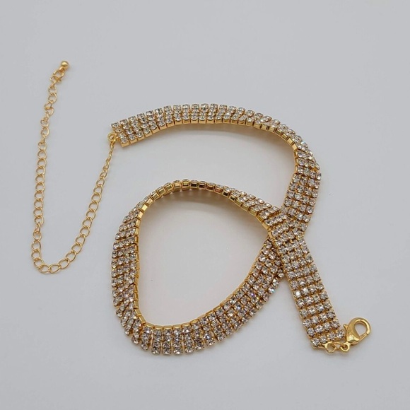 NWOT Gold Rhinestone Choker Necklace, 4 Rows & Tennis Bracelet Adjustable12-17” - Picture 3 of 7